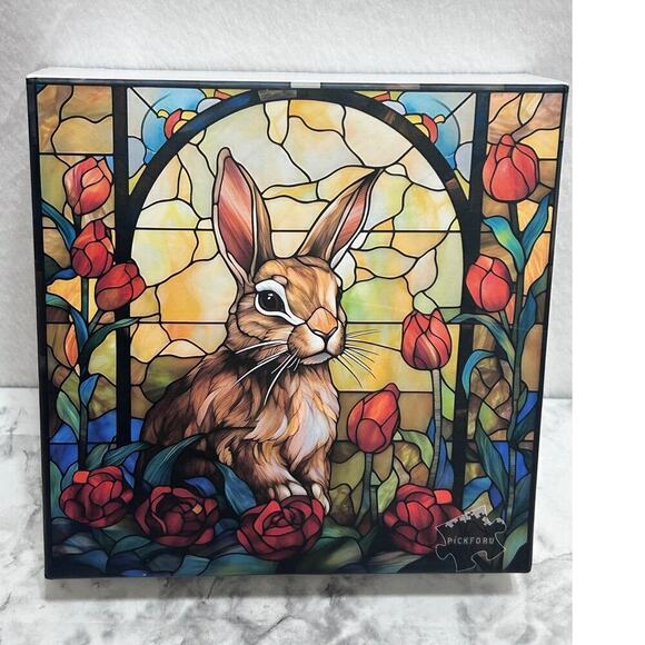 PICKFORU Stained Glass Bunny Jigsaw Puzzle 1000 Pieces Garden Flowers Colorful - Picture 1 of 9